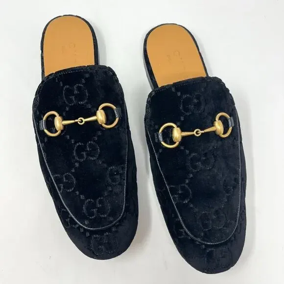 Gucci Princetown GG Monogram Embossed Black Velvet Horse Bit 6 Men / 8 Women - Picture 1 of 8
